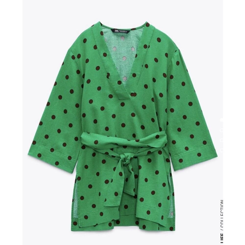 Zara Belted Top Blouse Womens Sz XL Polka Dot Linen Blend Kaftan Tunic Retro